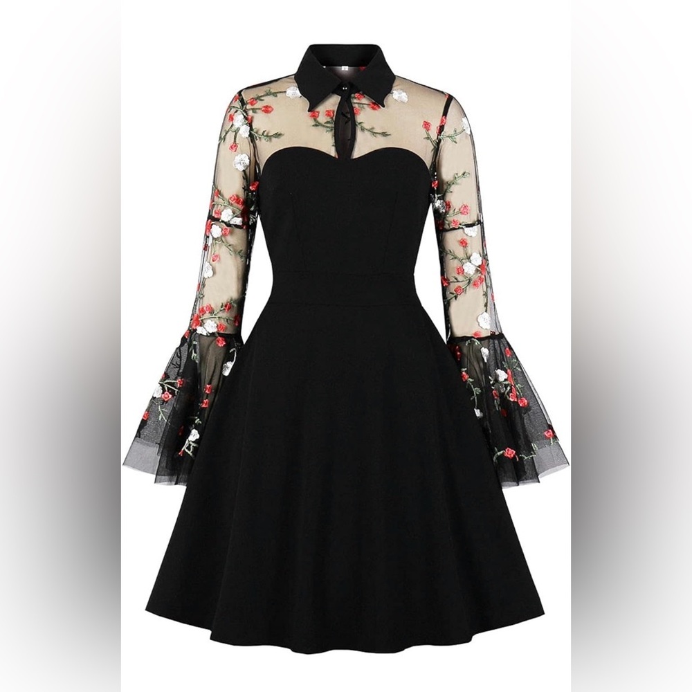 Chic Black Dress with Floral Embroidered Sleeves NWT